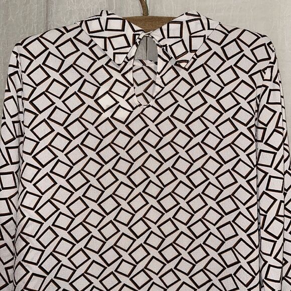 TEMT 12 White Brown Black Geometrical Print Long Sleeve Cowl Collar Blouse - Picture 4 of 12